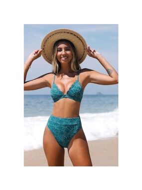 Cupshe Flourishing Scalloped Bikini Set Turquoise Green High Waist M NWT